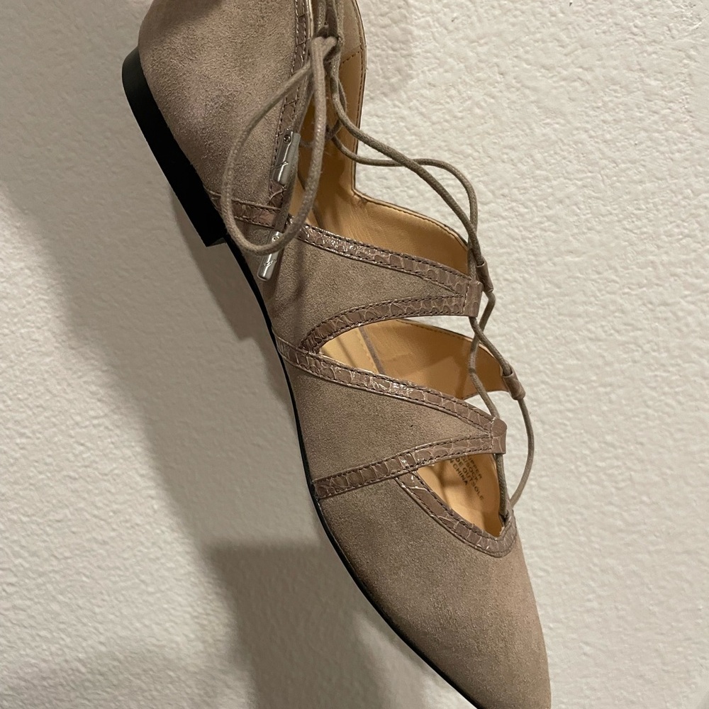 Brian Atwood Taupe Suede Lace-Up Flats